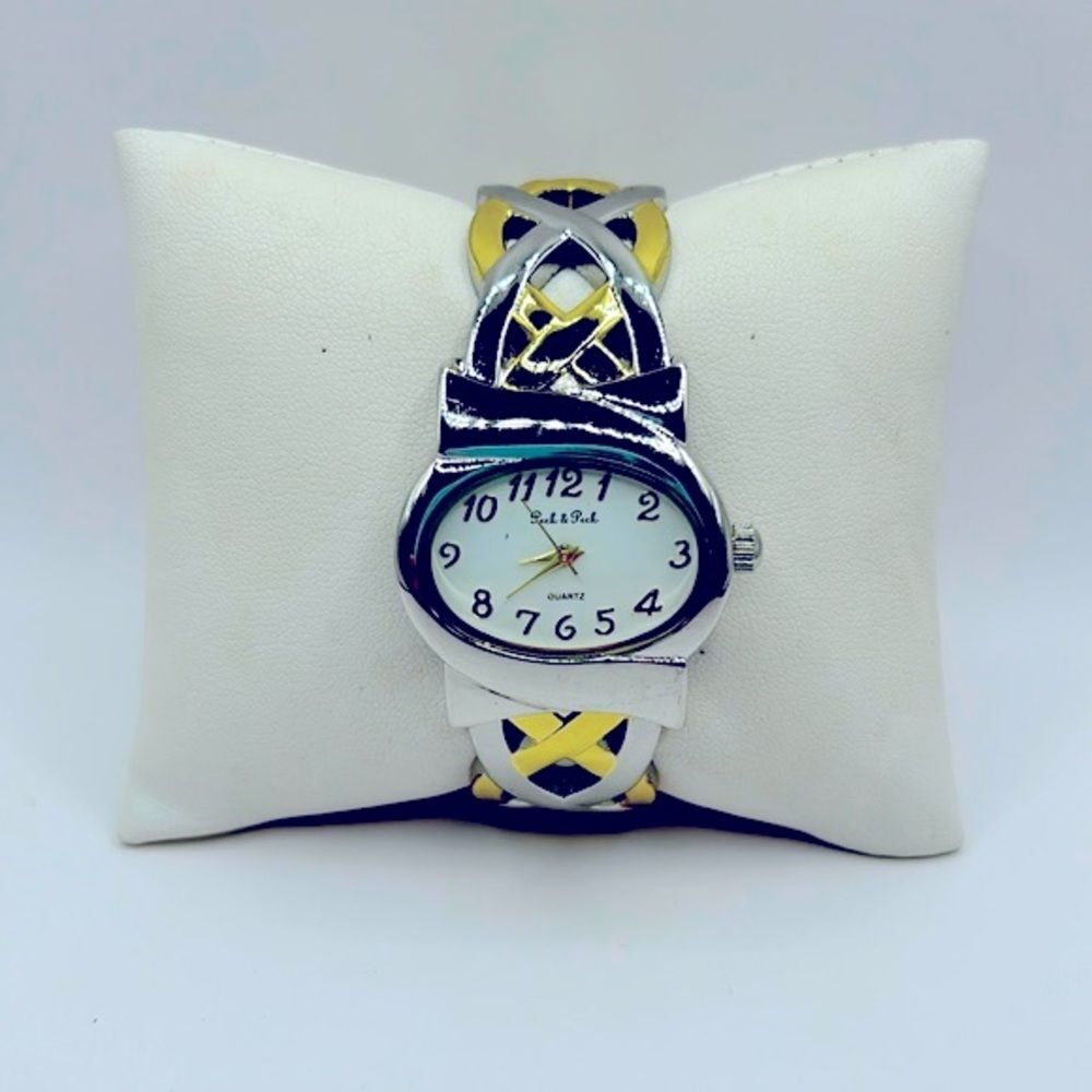 Working! Peck & Peck Two Tone Braided Metal Cuff Bracelet Watch